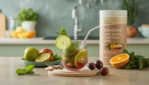 In a serene, modern kitchen, a beautifully arranged glass filled with a vibrant drink is surrounded by fresh fruits and herbs.