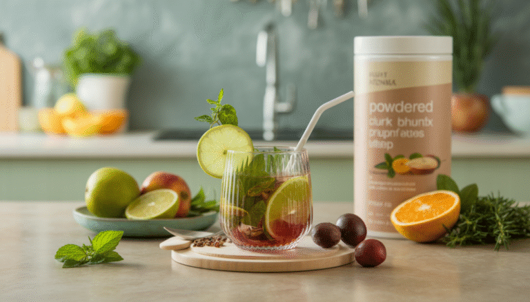 In a serene, modern kitchen, a beautifully arranged glass filled with a vibrant drink is surrounded by fresh fruits and herbs.