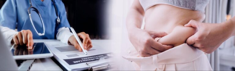 A woman and a doctor both hold clipboards, engaged in a discussion in a medical setting.