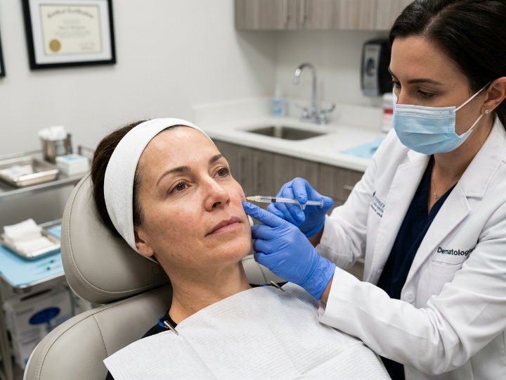 A woman undergoing a cosmetic treatment by a doctor in a professional environment.