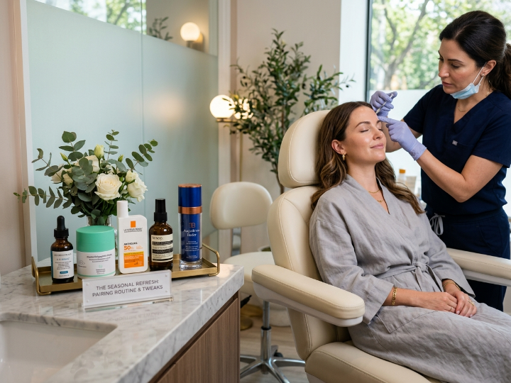 A woman receiving a hair treatment at a beauty salon, with a stylist applying products.
