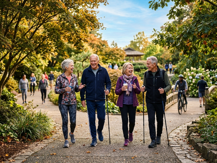 Three older adults stroll through a park, each using a walking stick for support.