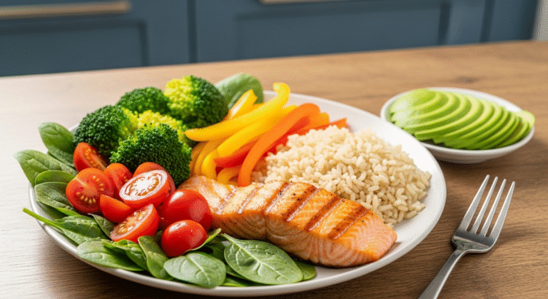 A plate featuring grilled salmon, fluffy rice, colorful vegetables, and sliced avocado arranged artfully.