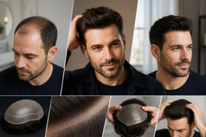 A man receives a haircut and styling from a professional in a barbershop setting.