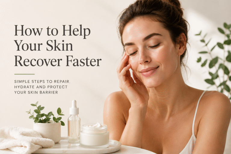 Image illustrating tips for faster skin recovery, featuring skincare products and healthy lifestyle choices.