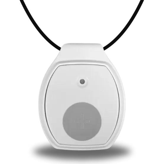 A white and black smart device with a black cord, positioned on a flat surface, showcasing its sleek design.
