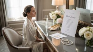 A woman sits at a desk, surrounded by a wedding dress and a sign, preparing for a wedding planning session.