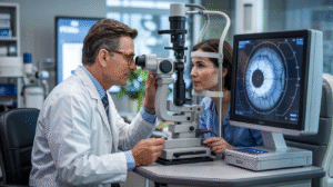 A man and woman examine an eye chart together in a clinical setting, focusing on the letters displayed.
