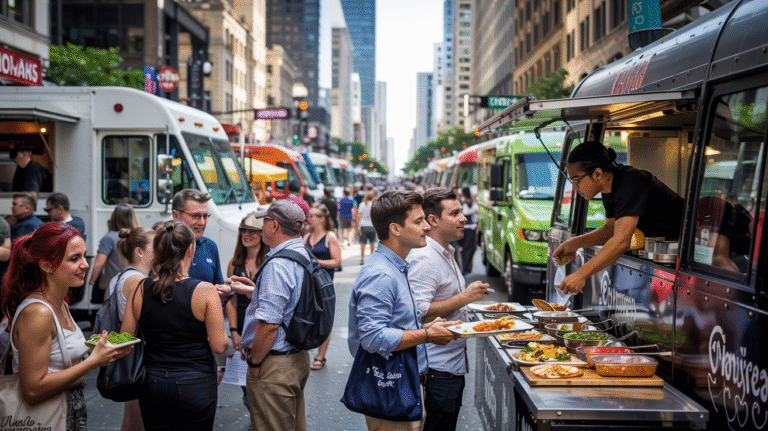 A vibrant scene of food trucks lined up in a Chicago street, offering a variety of cuisines to eager customers.