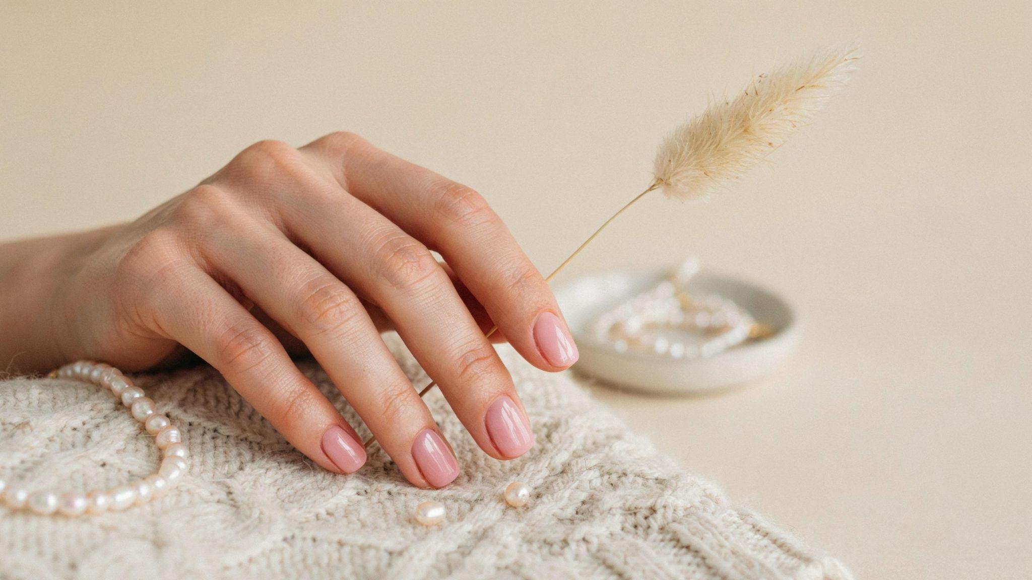Glossy milky pink short square nails creating a soft, elegant, clean everyday manicure with timeless appeal.