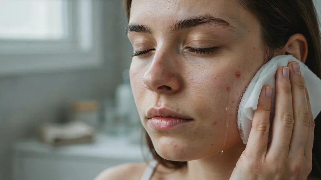 A wrapped ice pack being gently applied to a swollen pimple to reduce inflammation.