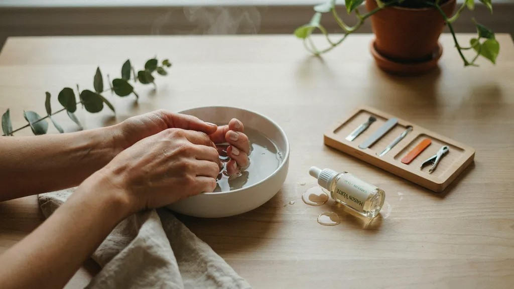 Soaking nails in warm water before lifting gel polish.