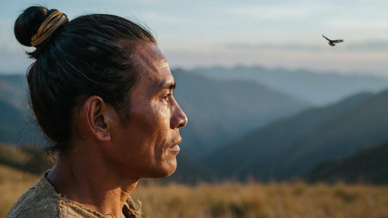 Traditional Native American top knot hairstyle.