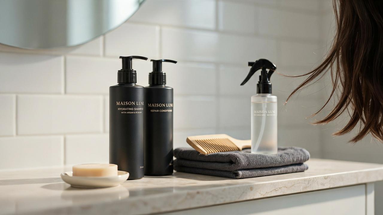 Important hair washing products and tools for maintaining healthy hair.
