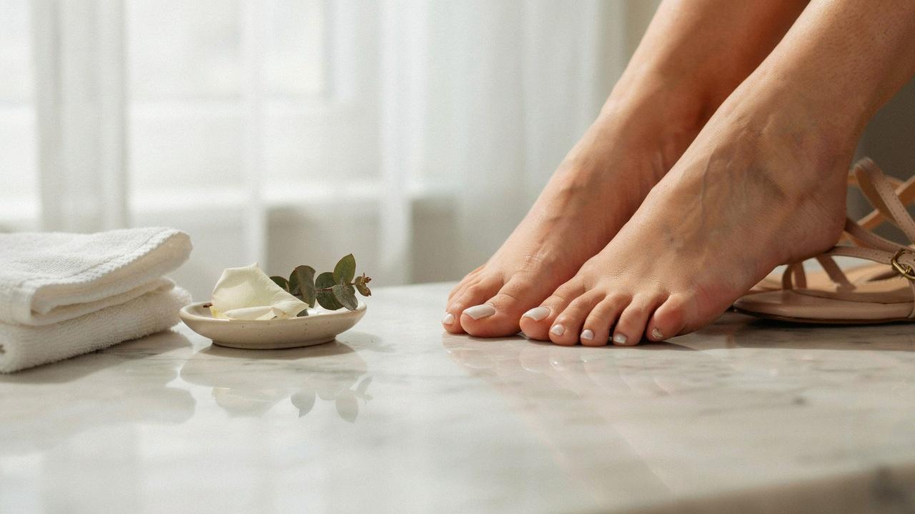 realistic classic white pedicure with glossy toe nails in refined style