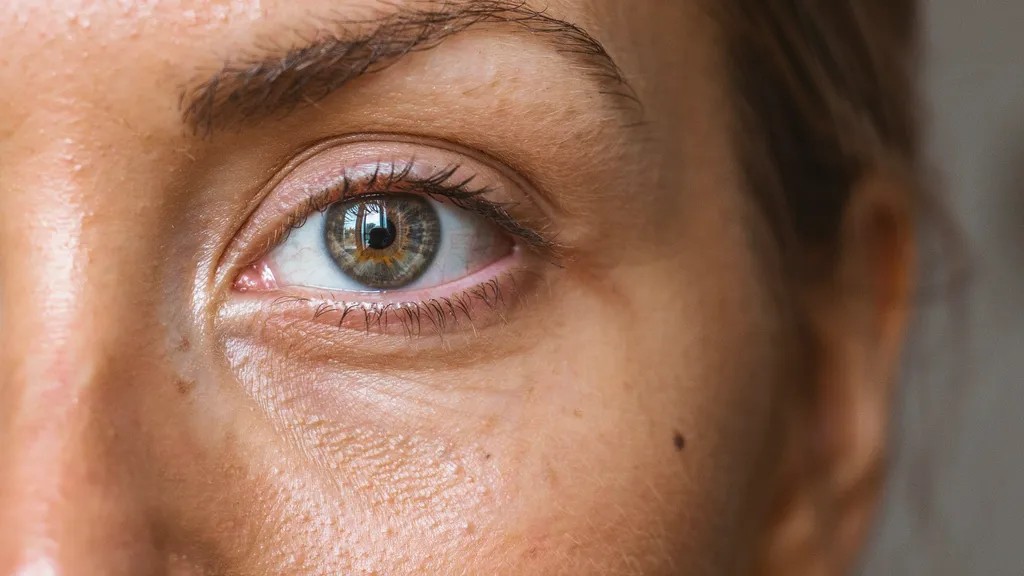 Under-eye fine lines caused naturally by aging skin.