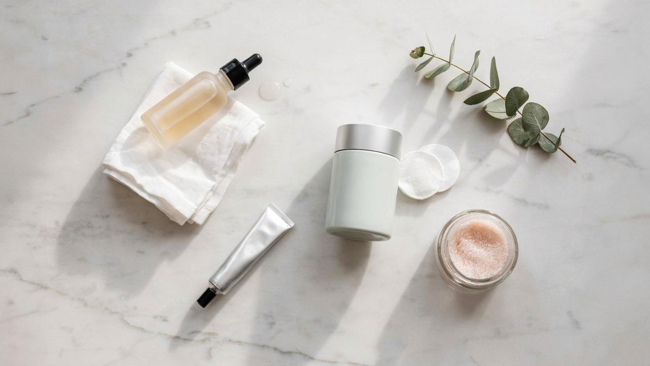 Important post-wax skincare routine products arranged together.