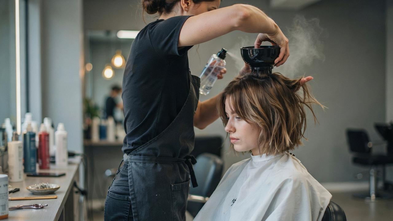 Hairstylist adding texture and volume to a shaggy messy layered bob.