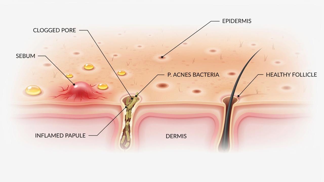 Illustration showing how clogged pores and excess oil cause acne.
