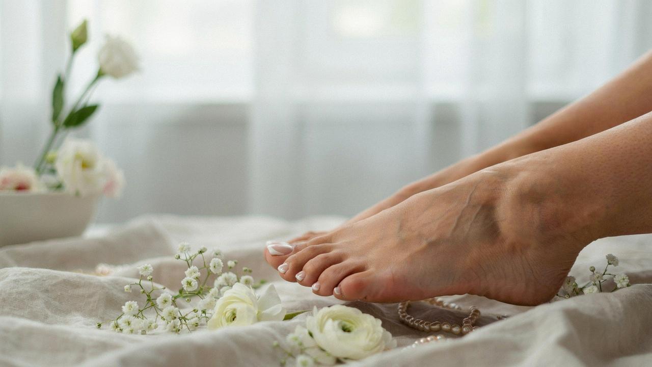 Close-up of a timeless classic white French pedicure in a luxurious spa-inspired setting.