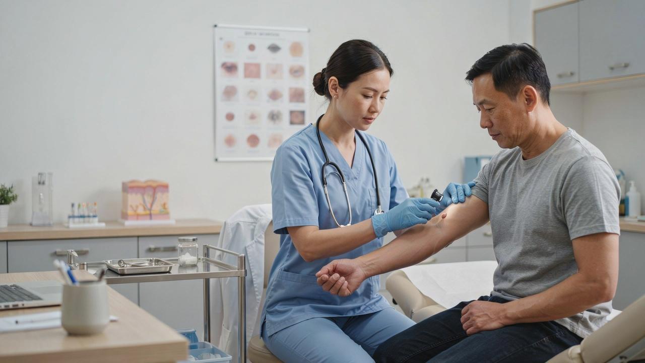 Dermatologist examining a benign skin growth on a patient during a routine skin check in a medical clinic.