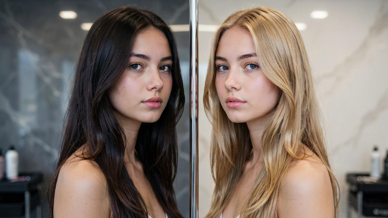 Before and after results of double process hair color.