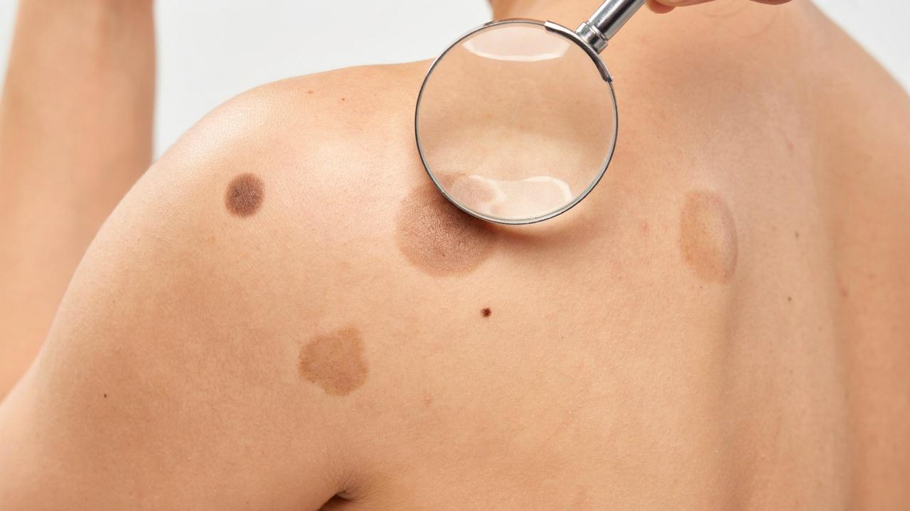 Close-up of healthy skin showing several benign moles with smooth borders being examined by a dermatologist.