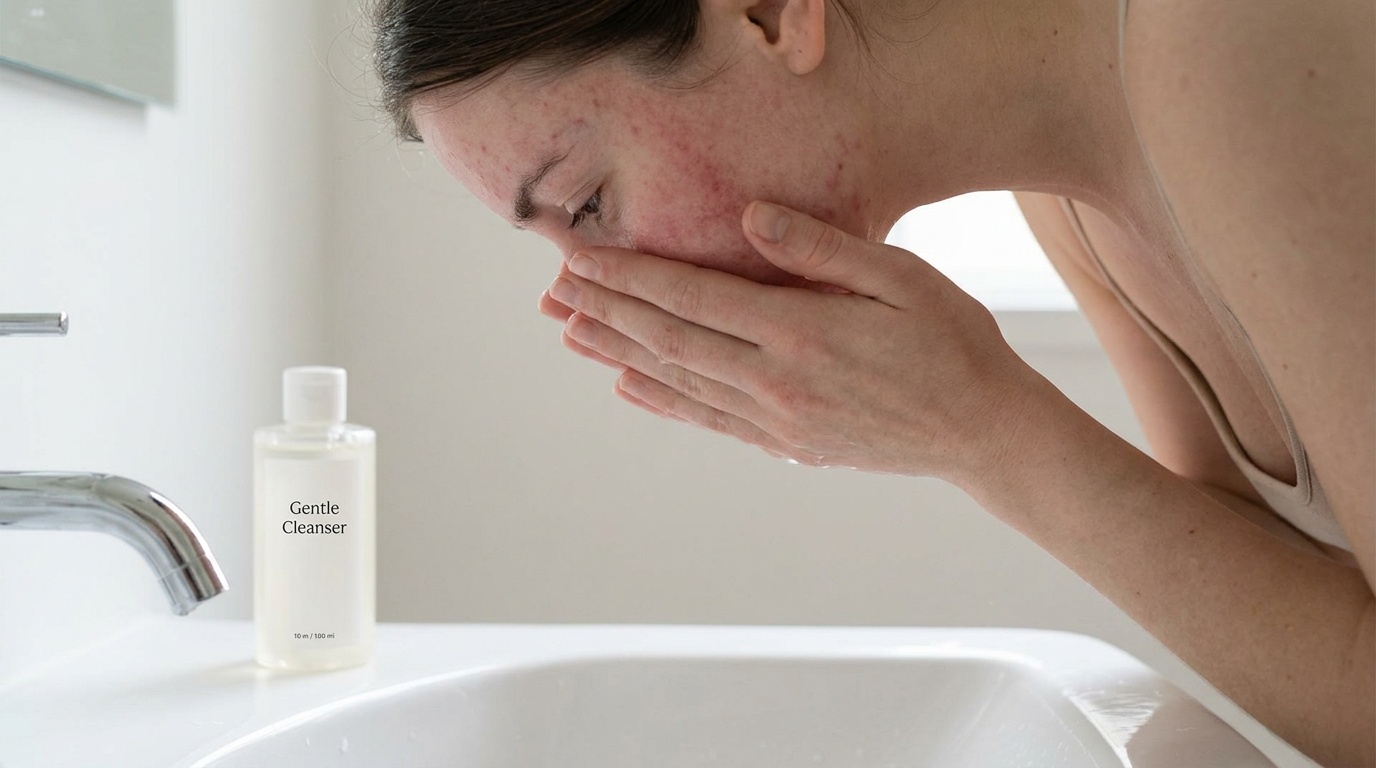 A woman is at a sink, washing her face, highlighting the importance of a gentle skincare routine for inflamed skin.