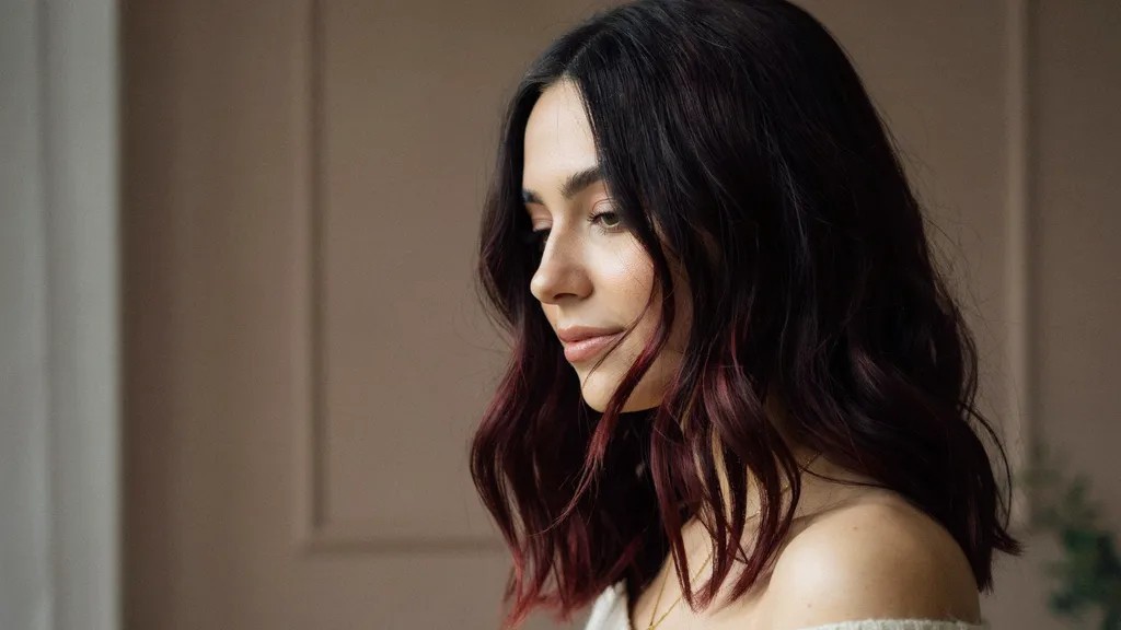 Black cherry hair with deep red undertones in warm light.