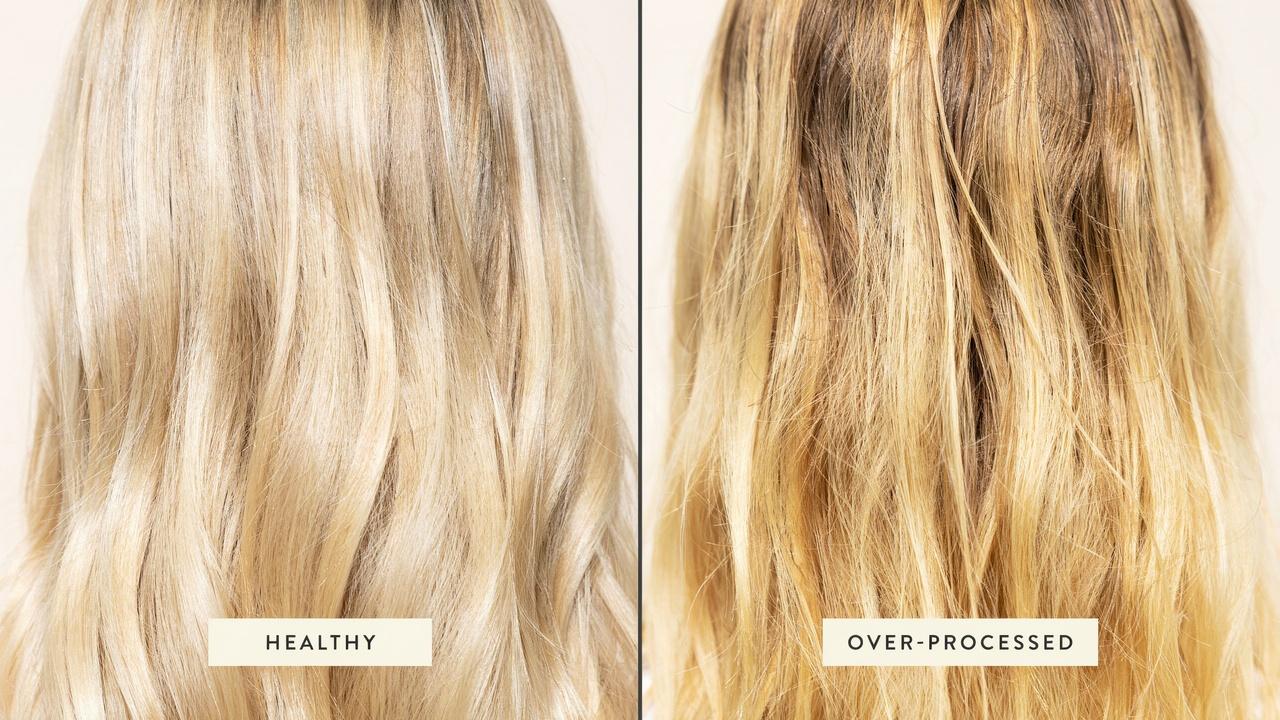 Comparison of healthy toned hair and damaged over-processed hair.