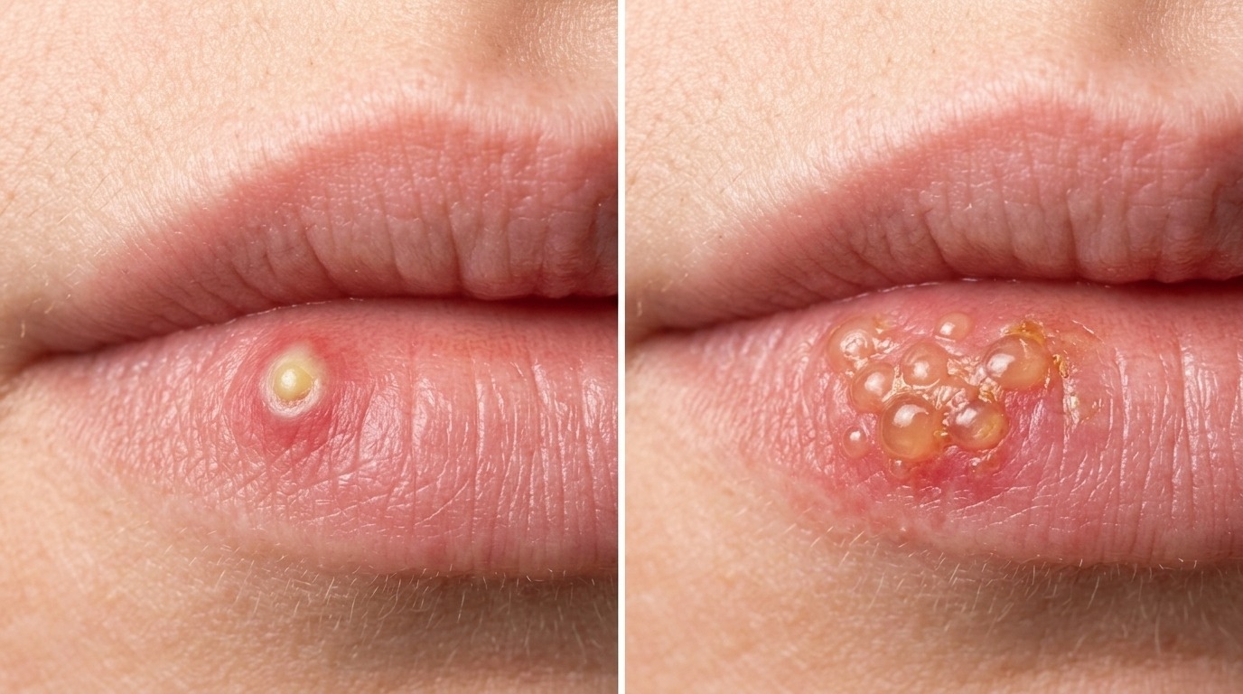 Comparison showing the difference between a lip pimple and a cold sore.