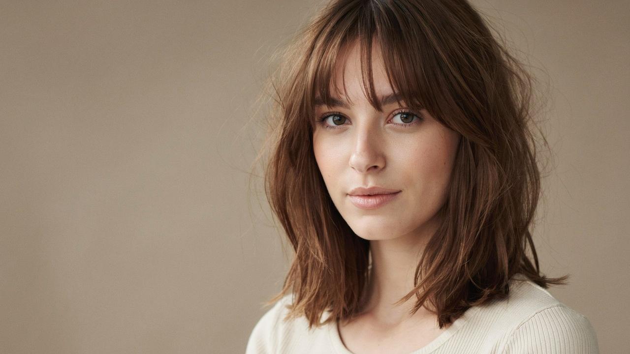 Woman with soft textured bangs adding volume and movement.