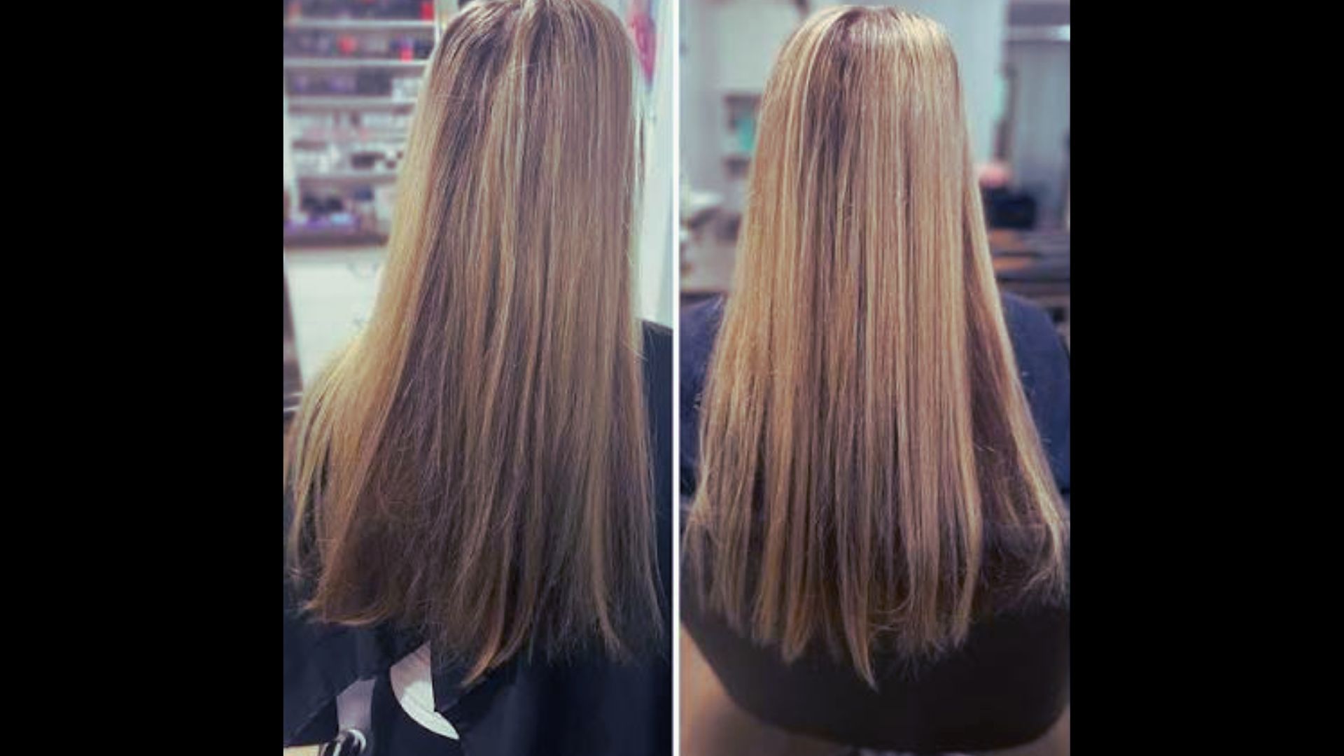 Before-and-after views of long blonde hair treated to remove green tones.