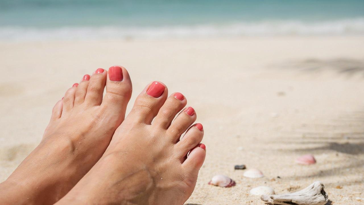 realistic coral summer toe nails with vibrant glossy finish in refined style