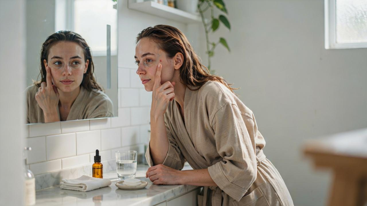Person examining a small facial zit during a skincare routine.