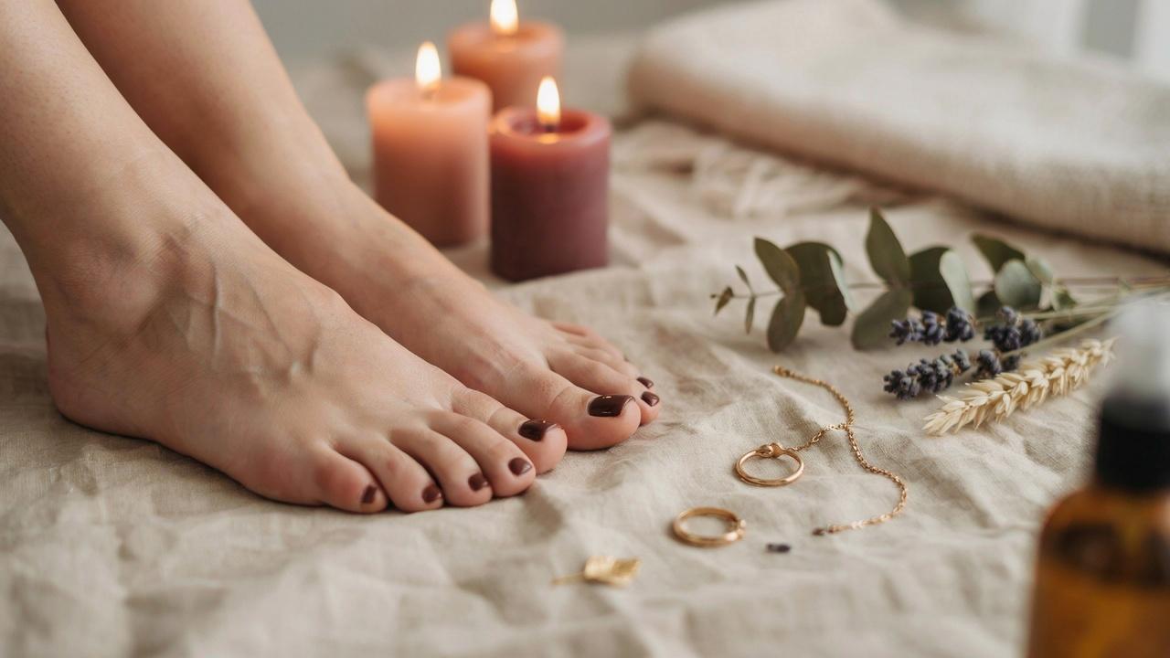Beautifully groomed feet with a glossy chocolate brown pedicure in an elegant spa-inspired setting.