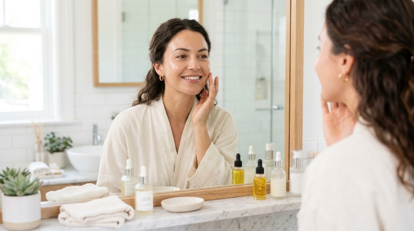 A woman gently washes her face at a sink, emphasizing a simple skincare routine with gentle products.