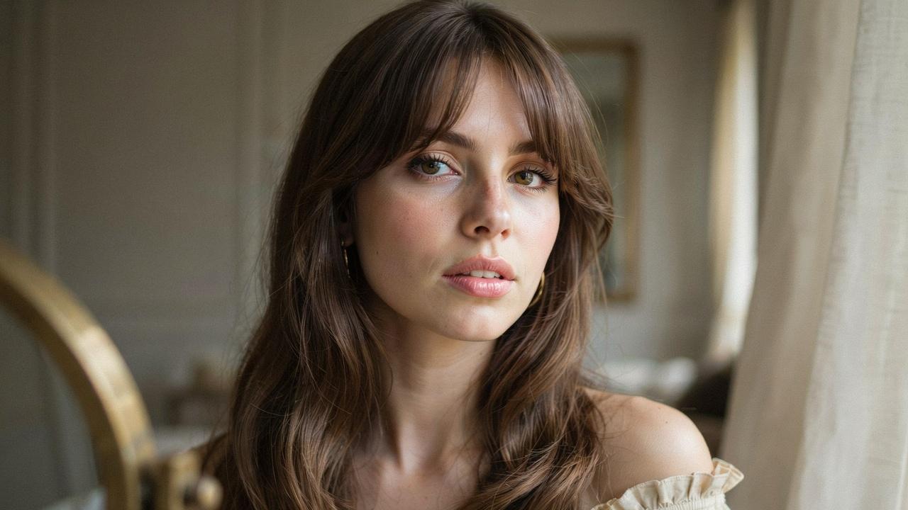 Woman with voluminous Bardot bangs inspired by vintage French style.