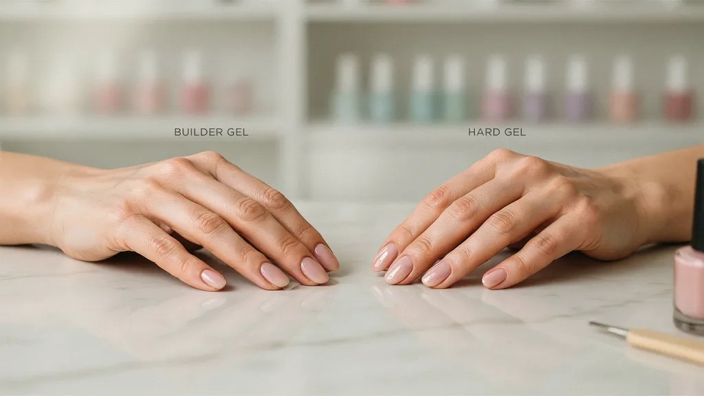 Builder gel nails compared with stronger, longer-lasting hard gel nails.