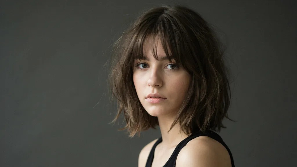 Wolf cut hairstyle with choppy layers and voluminous textured crown.