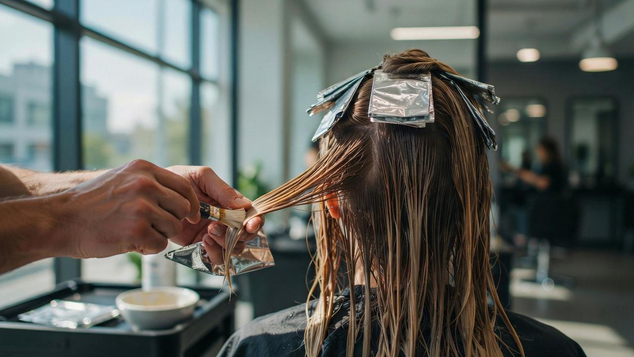 Hairstylist applying bleach during the first step of a double process color.