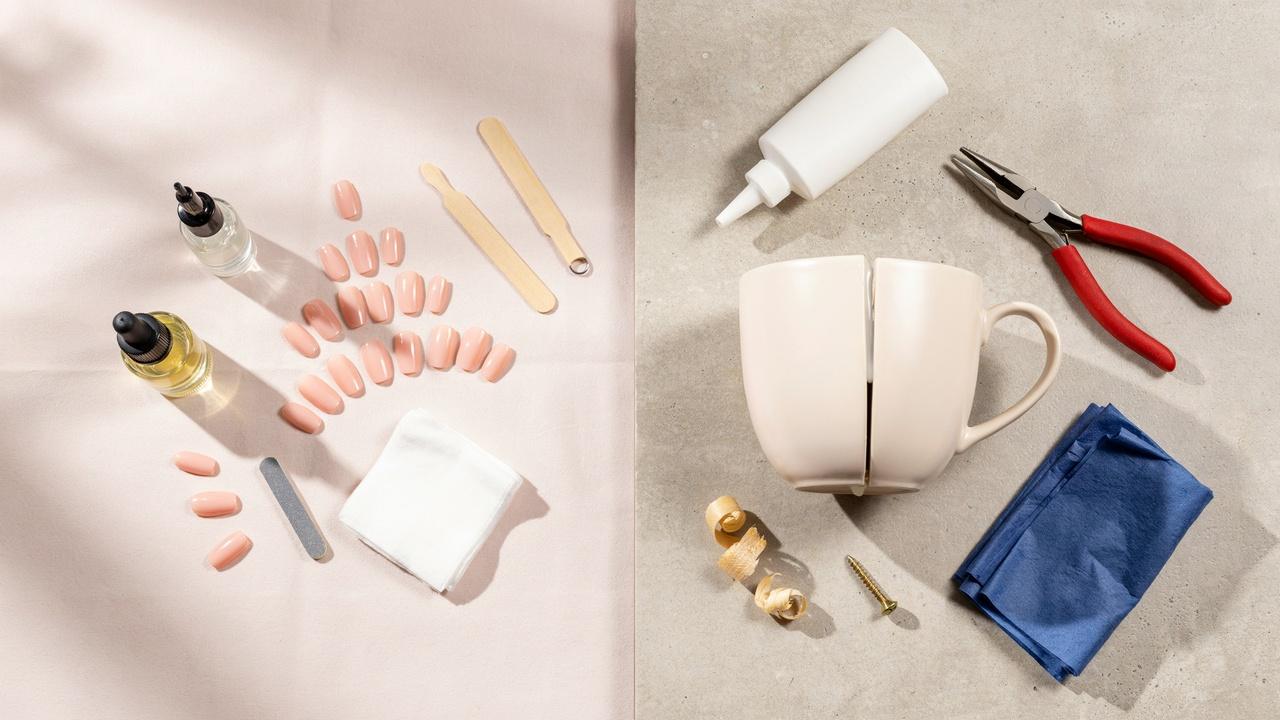 A side-by-side comparison of nail glue and super glue with manicure and household repair items.