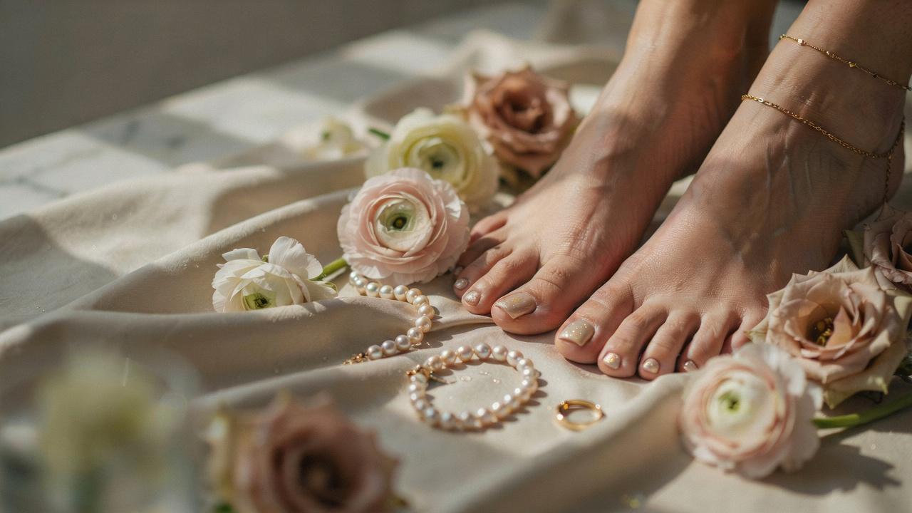 Beautifully groomed feet with a sparkling champagne shimmer pedicure in an elegant spa-inspired setting.