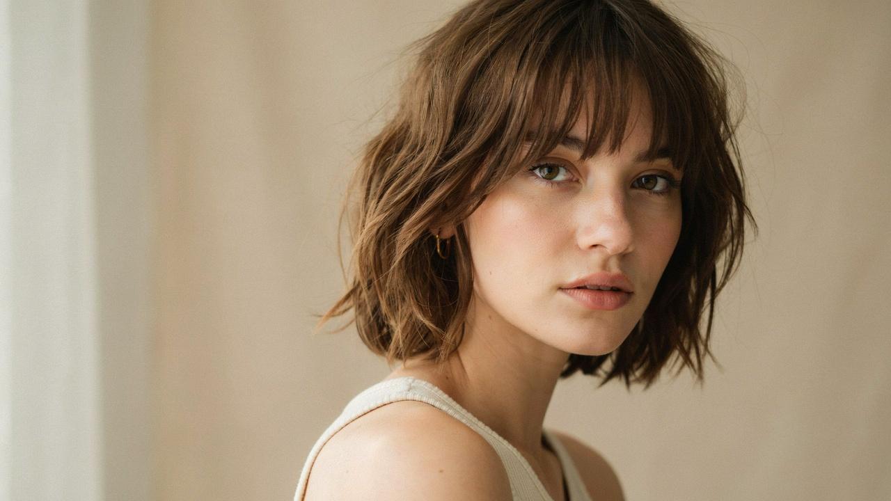 Shaggy messy layered bob featuring full bangs.