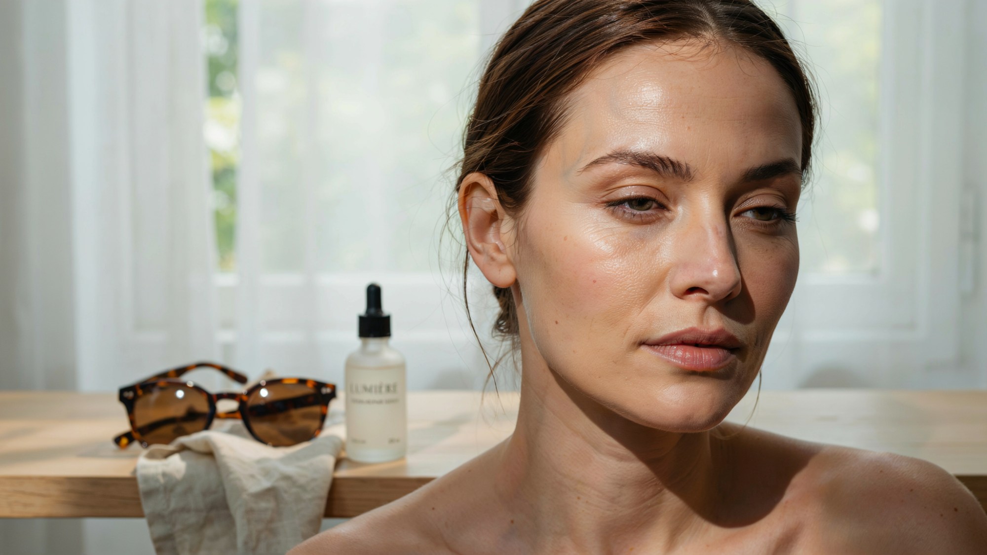Sunlight exposure highlighting early under-eye lines and skin texture.