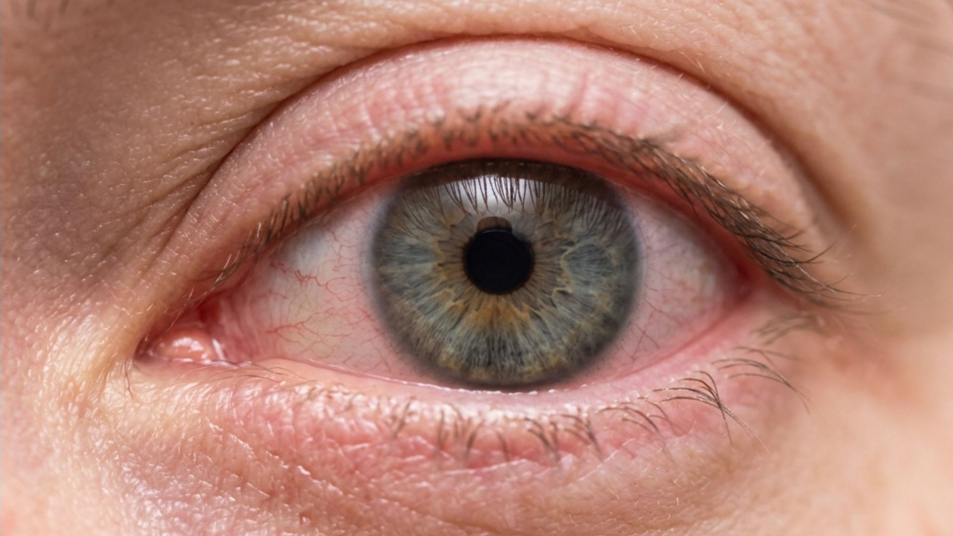 Detailed view of a person's large brown eye, illustrating signs of dry eye syndrome, including irritation and redness