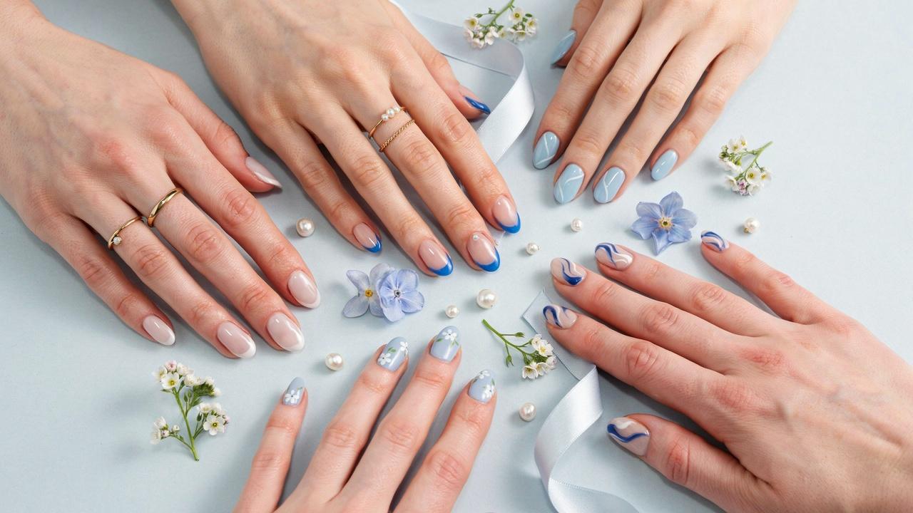 Stylish hands showcasing trendy white and blue nail designs with modern patterns and classy accessories.