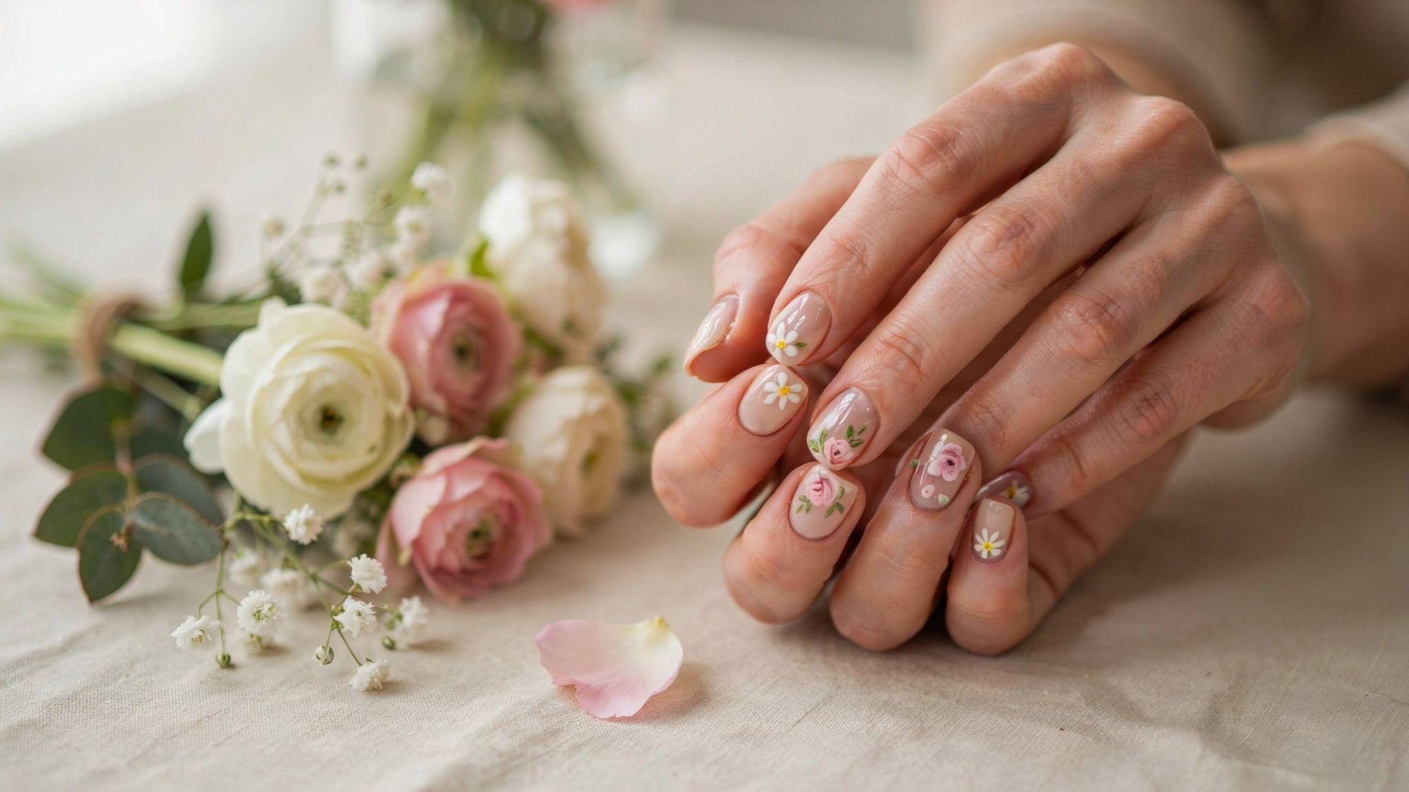 Glossy nude short square nails featuring tiny floral accents creating delicate feminine manicure inspiration for daily.