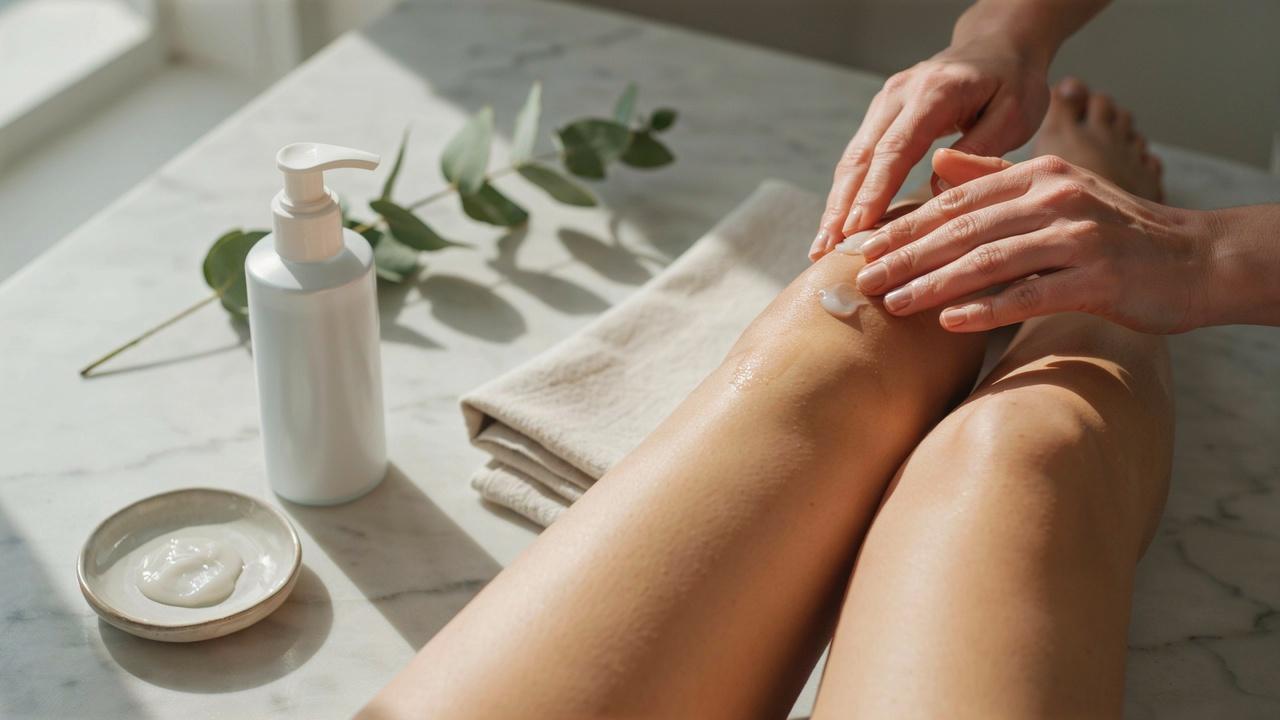 Applying moisturizer to keep skin hydrated after waxing.