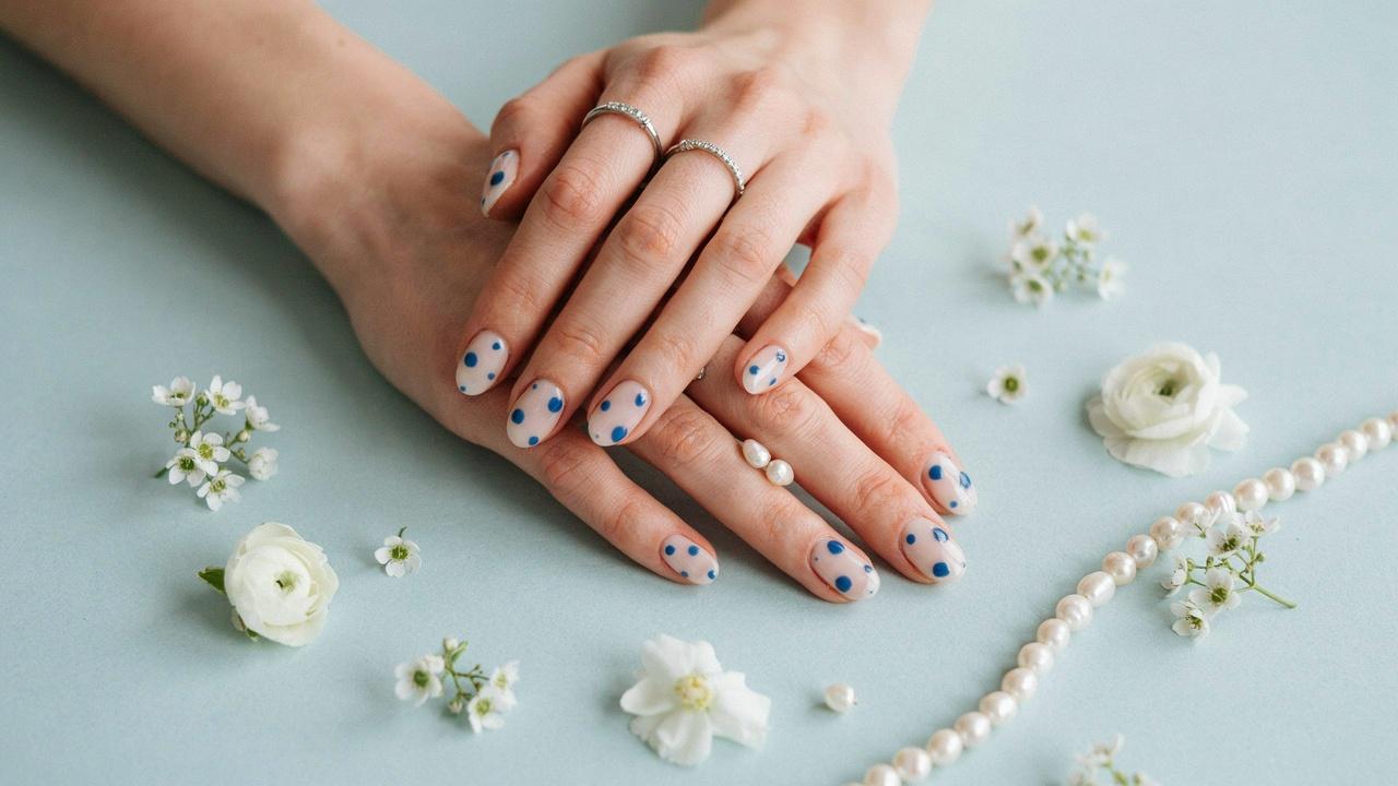 Glossy white nails decorated with blue polka dots in a playful retro-influenced manicure design.